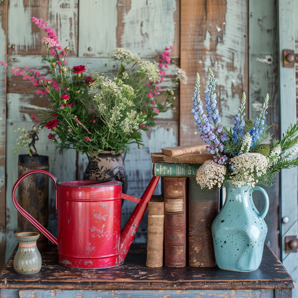 This delightful English countryside-inspired vignette showcases a lively red vintage watering can, a gentle blue ceramic vase filled with wildflowers, and a stack of antique books in warm, earthy tones