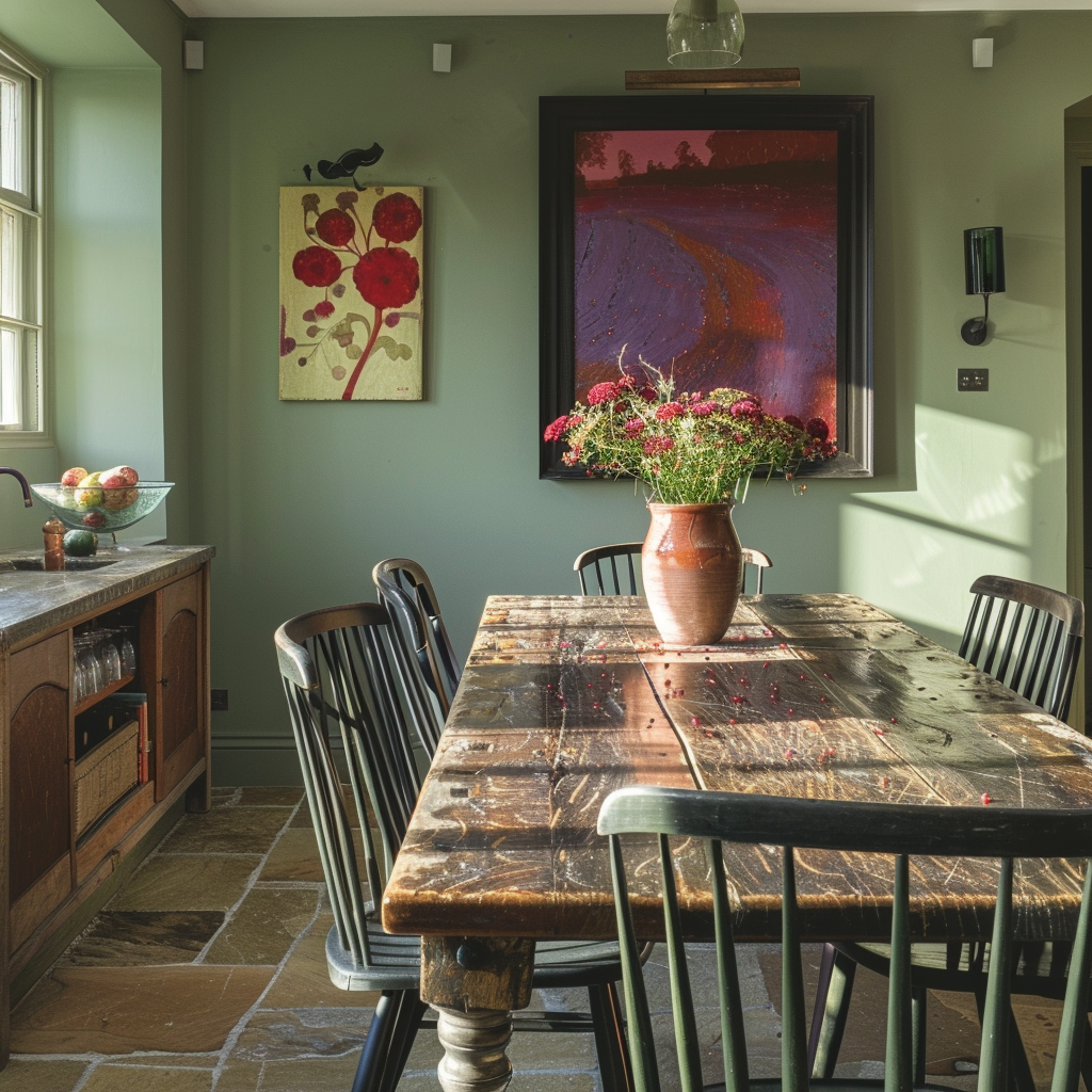 This inviting English countryside-inspired dining room features muted sage green walls, a rustic wooden table, and lively red and purple artwork accentuated by directional spotlights, resulting in a space with captivating visual interest and depth