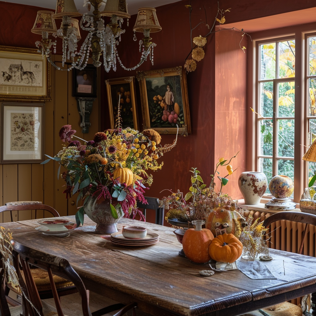 This inviting English countryside dining room embraces autumn with warm, muted orange walls, a rustic wooden table, and accents in deep burgundy and golden yellow, creating a space that embodies the comforting, rich colors of the harvest season