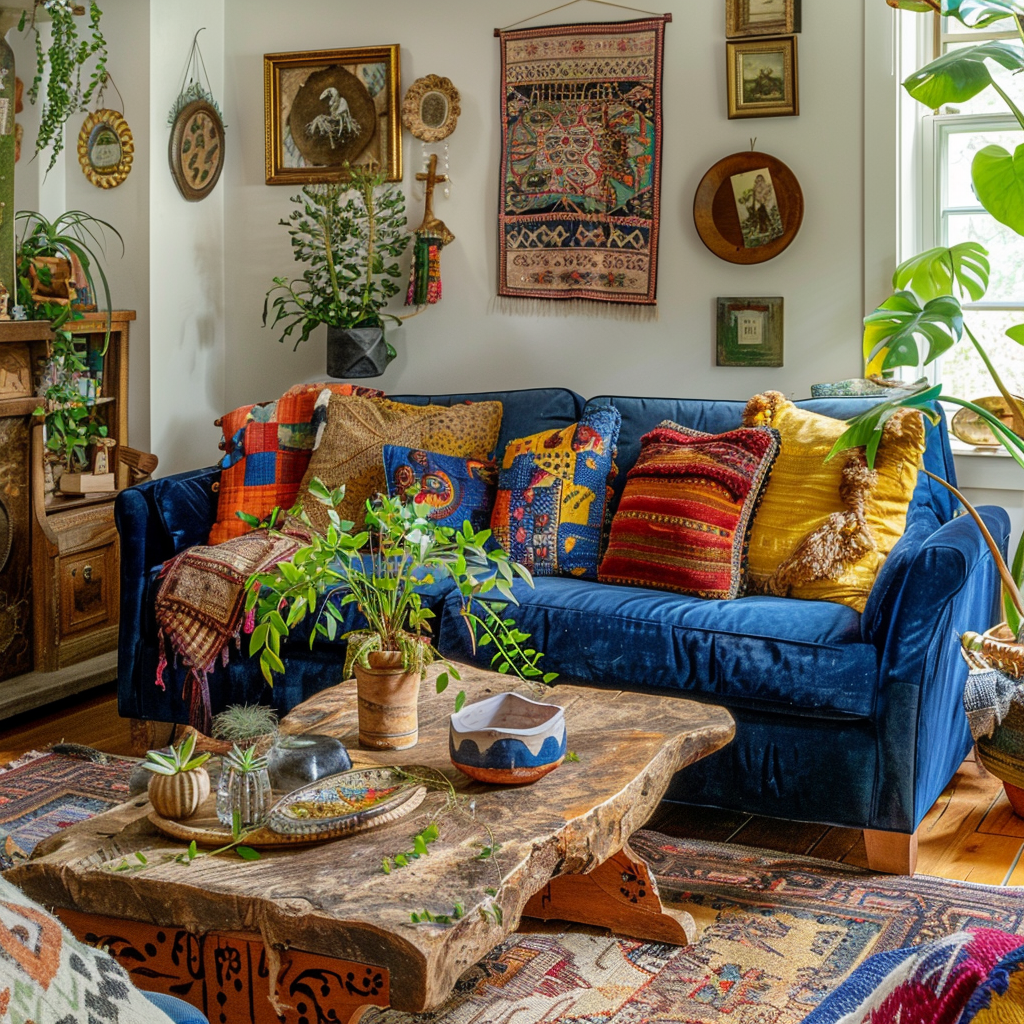 This lively English countryside-inspired living room features a deep blue velvet sofa, a rustic wooden coffee table, vibrant bohemian textiles, and an array of global-inspired decor pieces, creating an eclectic, inviting space