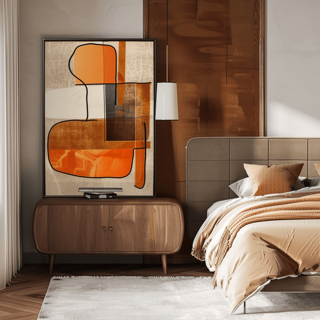 This mid-century modern bedroom boasts a harmonious color palette of earthy tones, bold accents, and neutral hues, creating a visually striking and balanced space