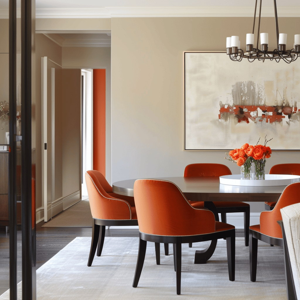 This modern dining room achieves a cohesive look and harmonious design through the use of a unified color scheme and complementary hues throughout the space