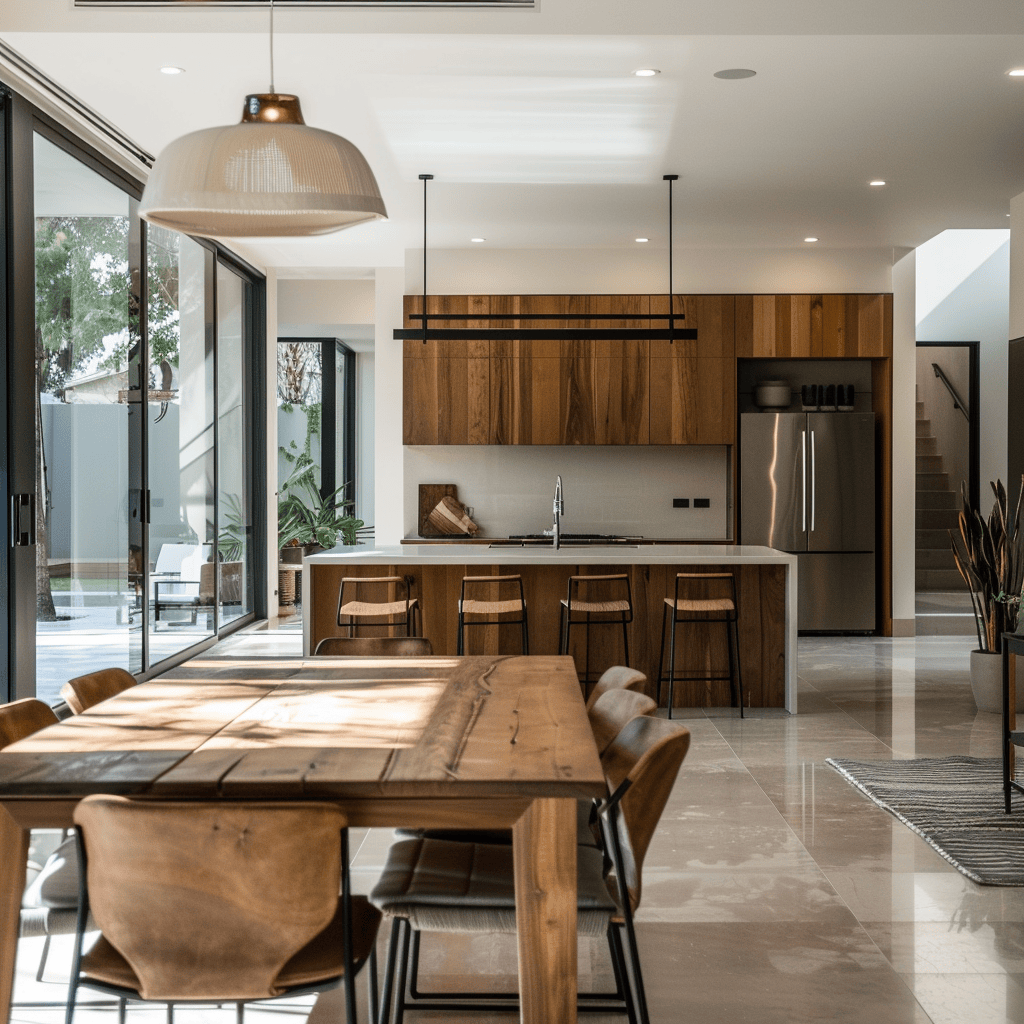 This modern dining room boasts an open concept layout, allowing natural light to fill the space