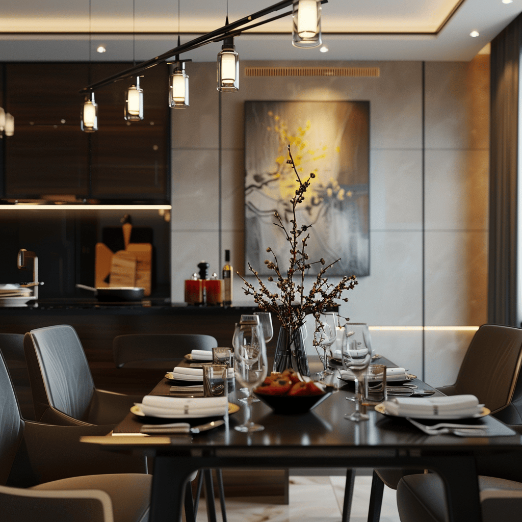 This modern dining room combines personalized design, a comfortable and functional setup, and an inviting atmosphere for a truly enjoyable dining experience