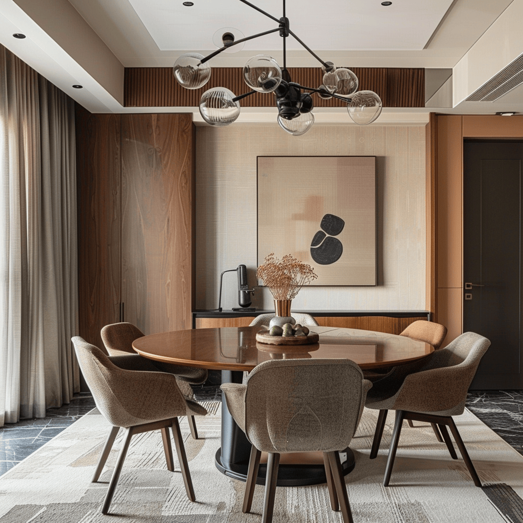 This modern dining room embraces an eclectic design approach, mixing styles and periods while maintaining a common color thread to create a personalized and cohesive space