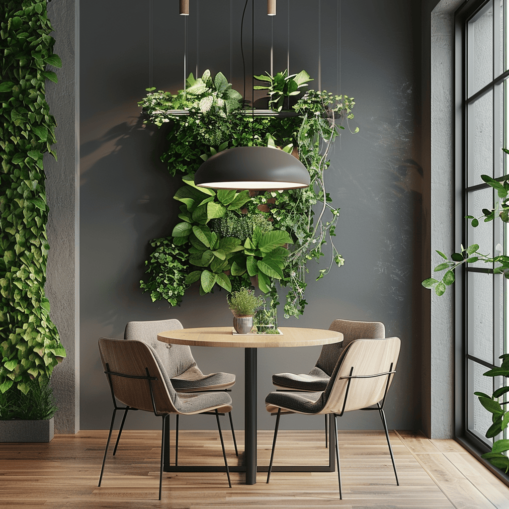 This modern dining room embraces biophilic design by incorporating greenery through the use of natural elements, potted plants, and organic accents throughout the space