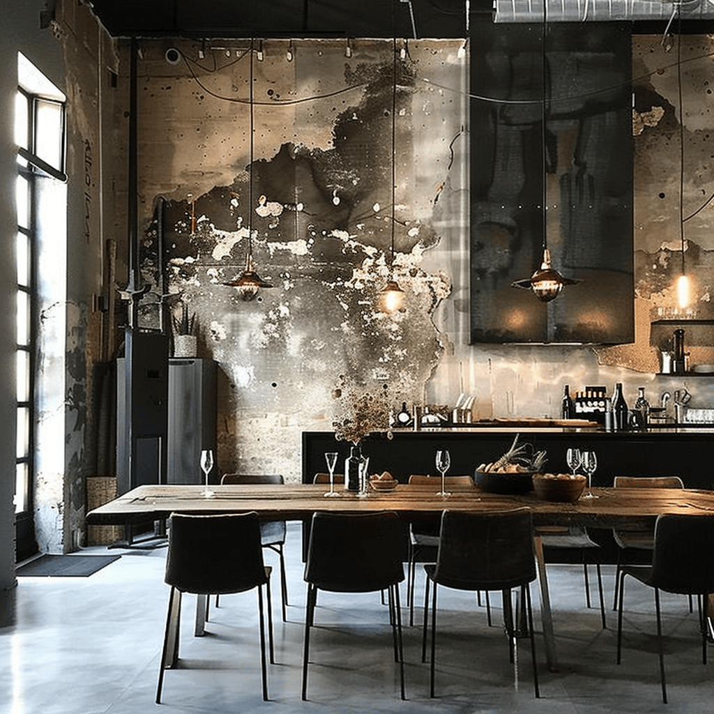 This modern dining room embraces industrial style with its raw elements, vintage pieces, and utilitarian lighting, resulting in a space that's both rugged and refined