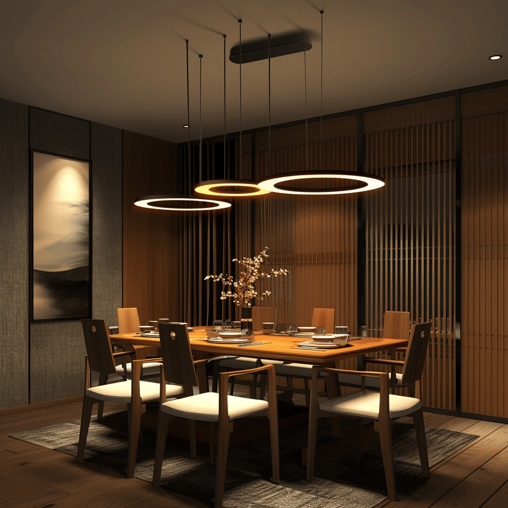 This modern dining room features a thoughtful lighting design that incorporates layered illumination, task lighting, ambient lighting, and accent lighting to enhance functionality and ambiance