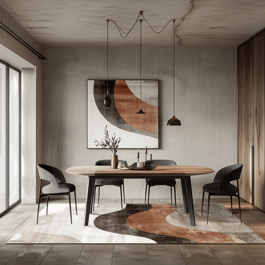 This modern dining room features an area rug that defines the dining space, adds a soft texture, and showcases colors that complement the overall design