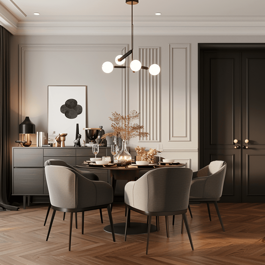 This modern dining room features freestanding furniture that provides versatile storage, allows for flexible placement, and makes design statements while maintaining a focus on functional style