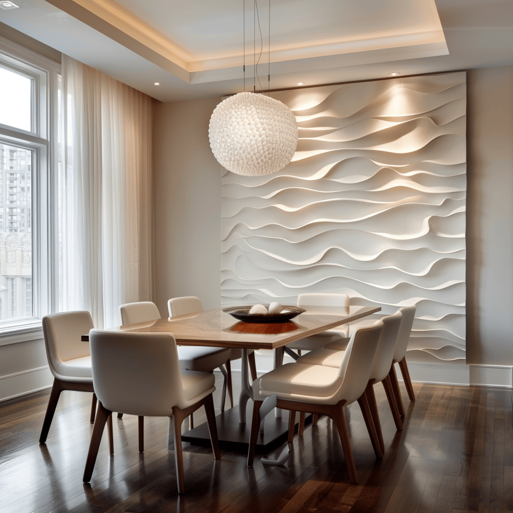 This modern dining room incorporates sculptural elements to add artistic decor, create three-dimensional interest, and provide visual impact while serving as engaging conversation starters