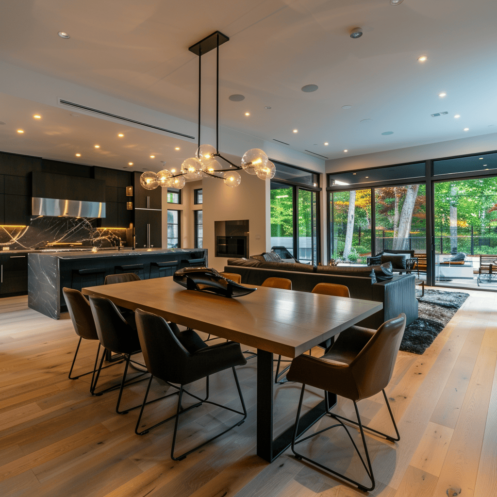 This modern dining room incorporates smart home features, such as voice-activated controls, automated lighting, and integrated technology, for a more convenient living experience