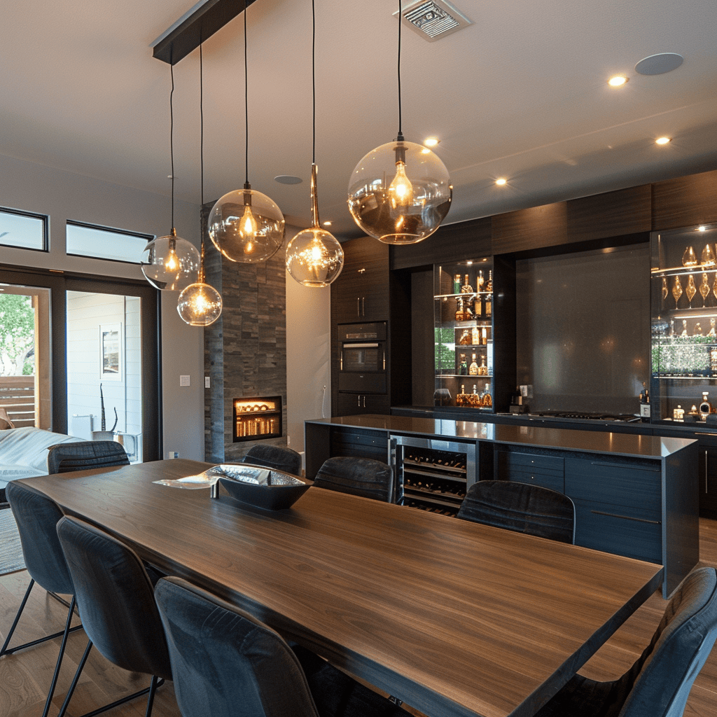 This modern dining room is designed with entertaining guests in mind, featuring a welcoming space, comfortable seating, and ample room to facilitate memorable gatherings