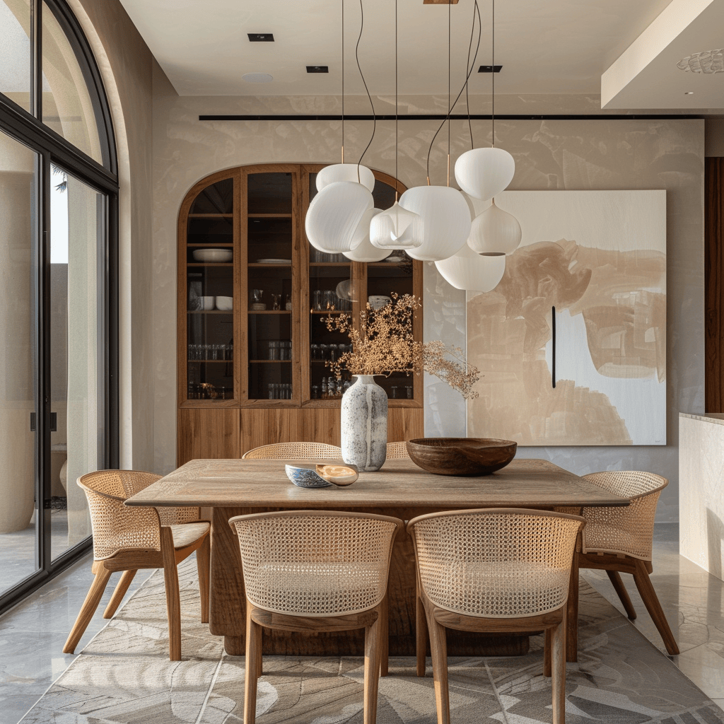 This modern dining room pays homage to mid-century modern design with its organic shapes, bold color palette, and mix of materials, resulting in a stylish and eclectic space