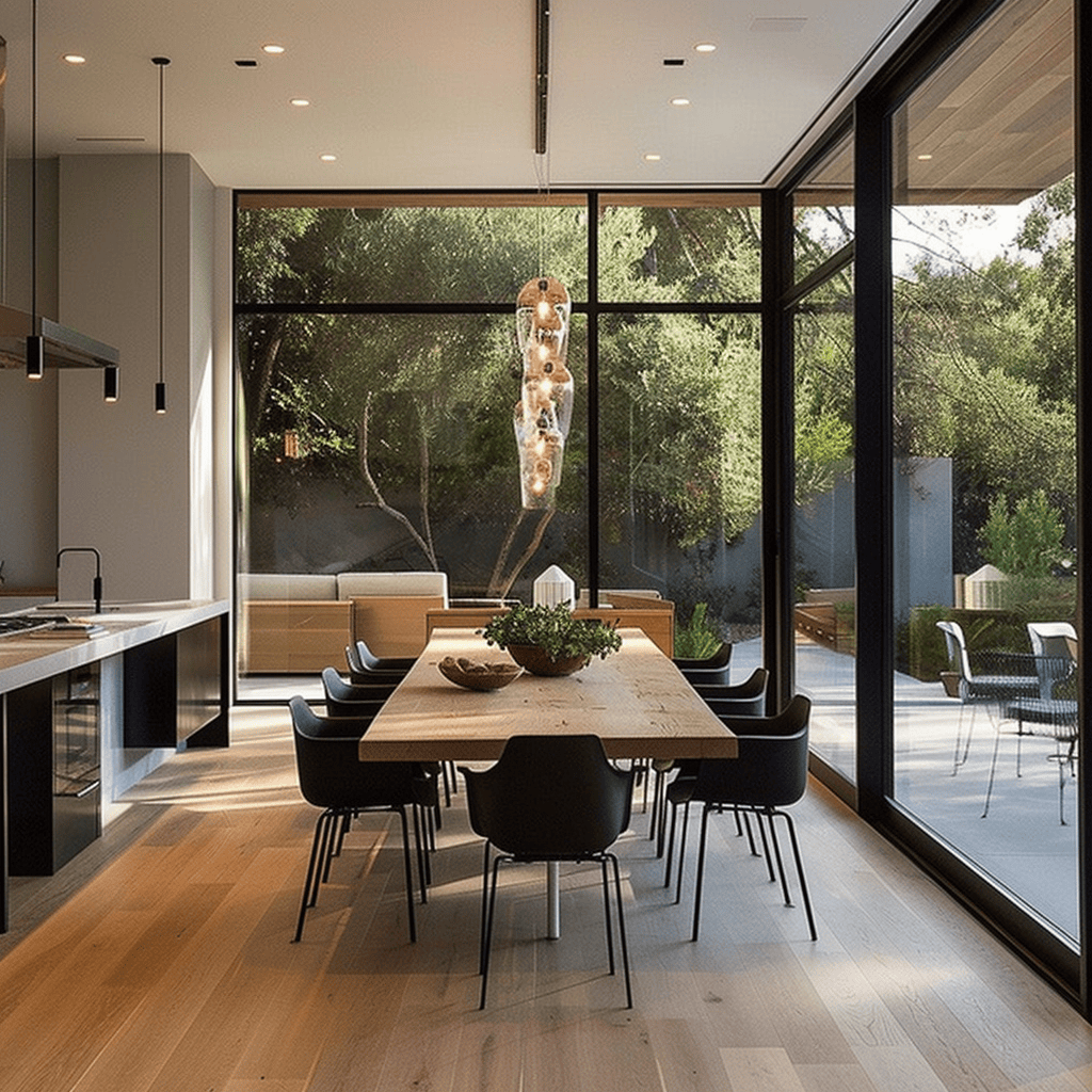 This modern dining room showcases contemporary style through its clean lines, minimalist decor, and sleek furniture, creating a fresh and modern ambiance