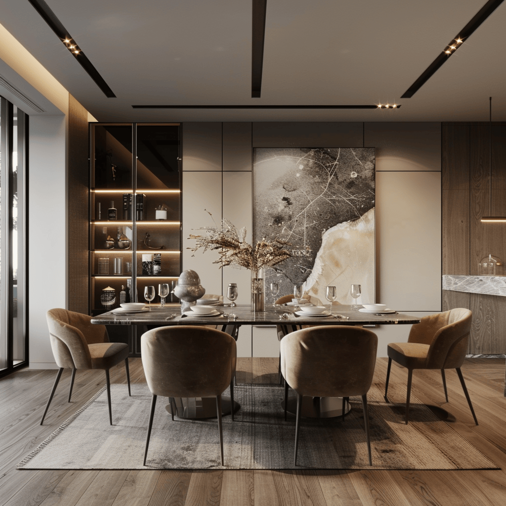 This modern dining room showcases the benefits of a well-designed space, featuring enhanced functionality, elevated aesthetics, improved comfort, and a harmonious overall design