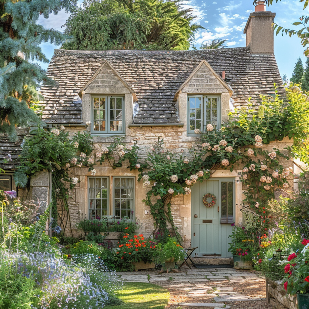 This picturesque English countryside cottage exterior embodies the timeless beauty of the region's colors, with earthy tones, soft muted hues, and lively accents harmonizing with the vibrant garden and golden sunlight