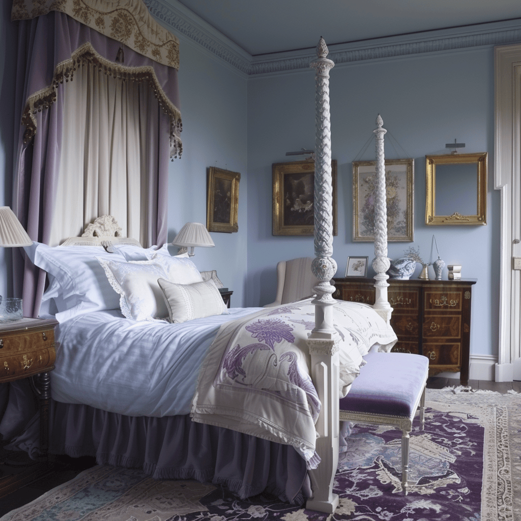 This refined English countryside manor bedroom features soft blue walls, a luxurious four-poster bed draped in creamy white linens, and elegant accents in rich purple and gold, exuding timeless charm