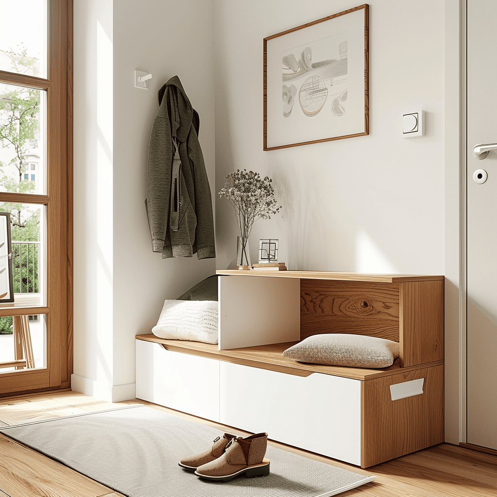 This small Scandinavian hallway features a multi-functional storage bench that maximizes space while providing a comfortable seating option