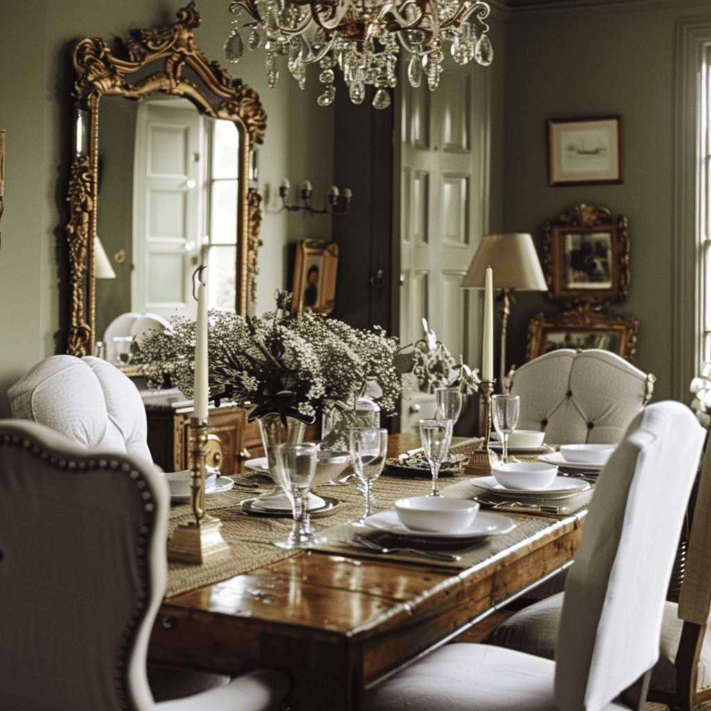 This sophisticated English countryside dining room features muted olive green walls, a rich wooden table, ornate gold-framed mirrors, and creamy white upholstered chairs, embodying the elegance of traditional and classic interiors