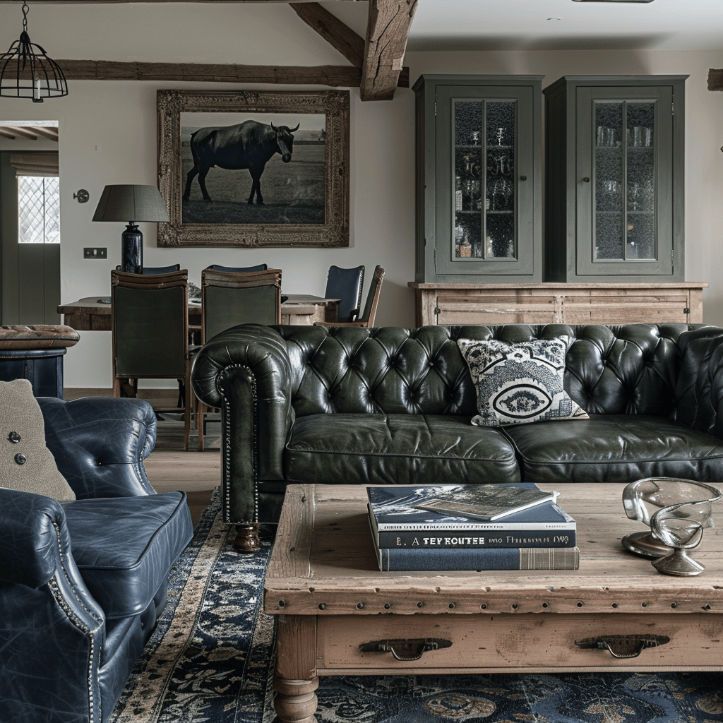 This timeless English countryside sitting room features a deep green leather Chesterfield sofa, muted blue armchairs, and a rustic wooden coffee table, exemplifying the beauty of classic furniture in iconic countryside hues