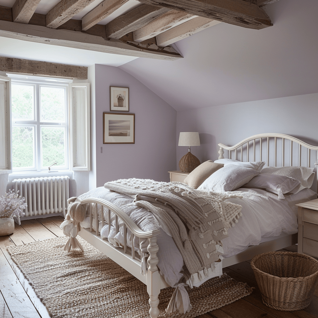 This tranquil English countryside bedroom features muted lavender walls, a creamy white wooden bed frame, woven baskets for storage, and a vintage-inspired rug in complementary earthy tones, creating a restful, rejuvenating retreat