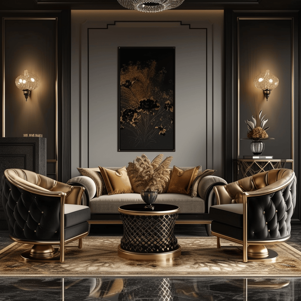 Tiered design elements in an Art Deco living room highlighting 1930s architectural influence