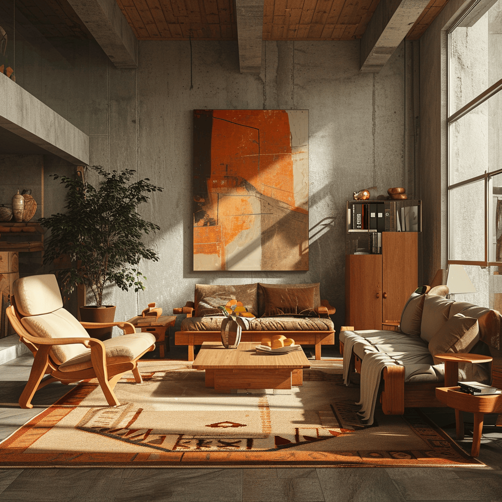 Timeless 70s decor in a family living room with a chic orange shag rug