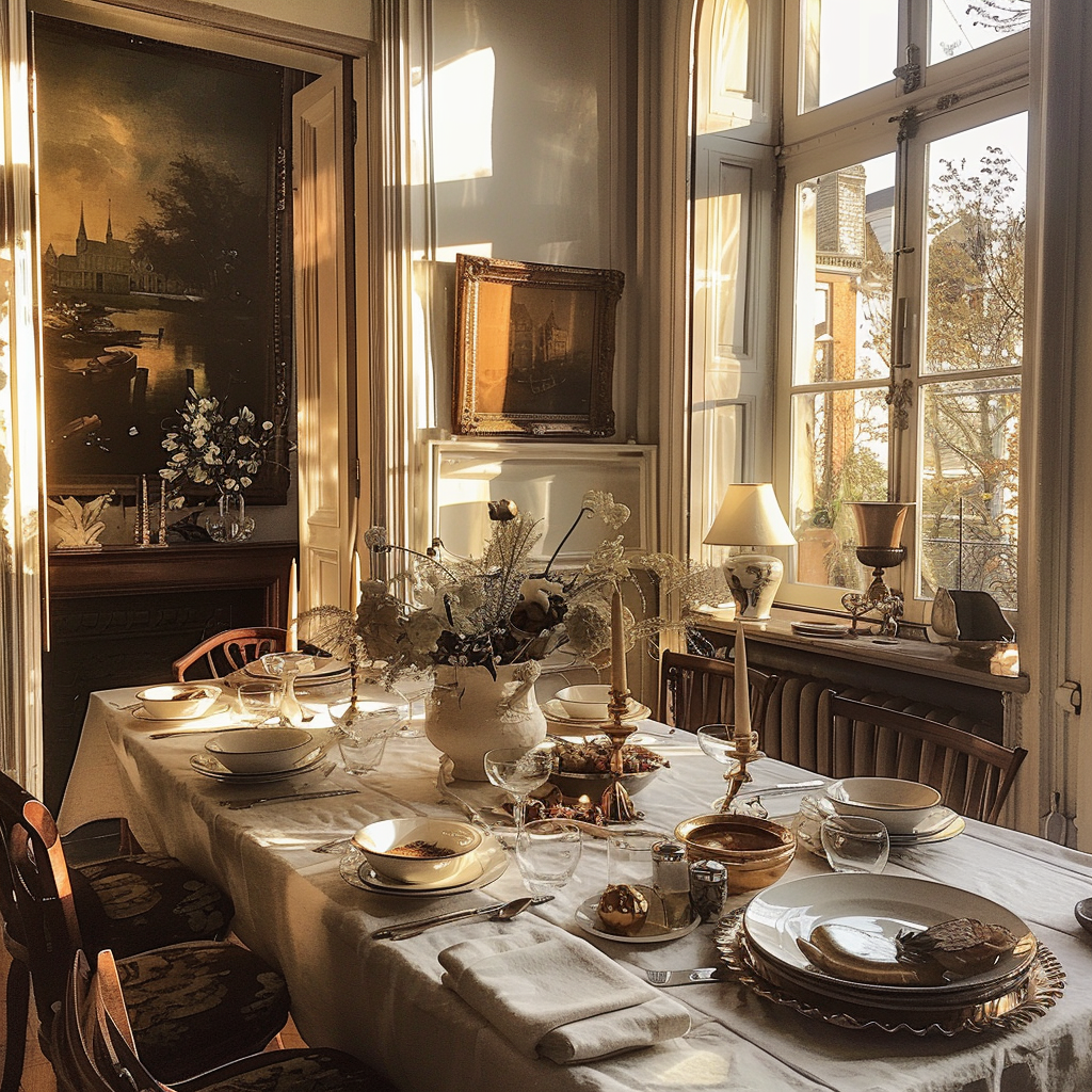 Timeless French Parisian dining room with antique mirrors and fireplace