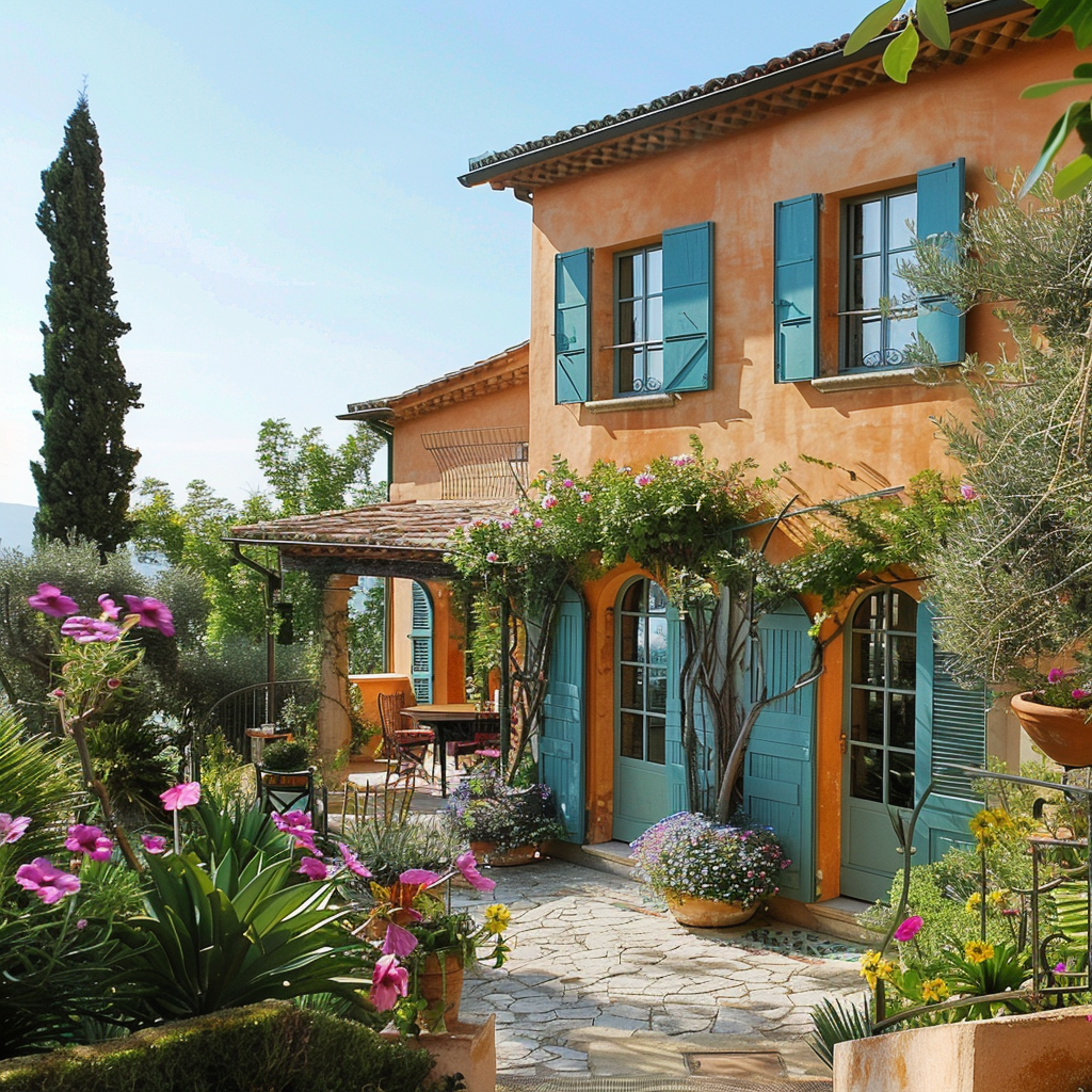Timeless Mediterranean villa showcasing inviting sun-kissed walls, vibrant blue and green shutters, a terrace with a view of a colorful garden, and olive trees, embodying classic Mediterranean color