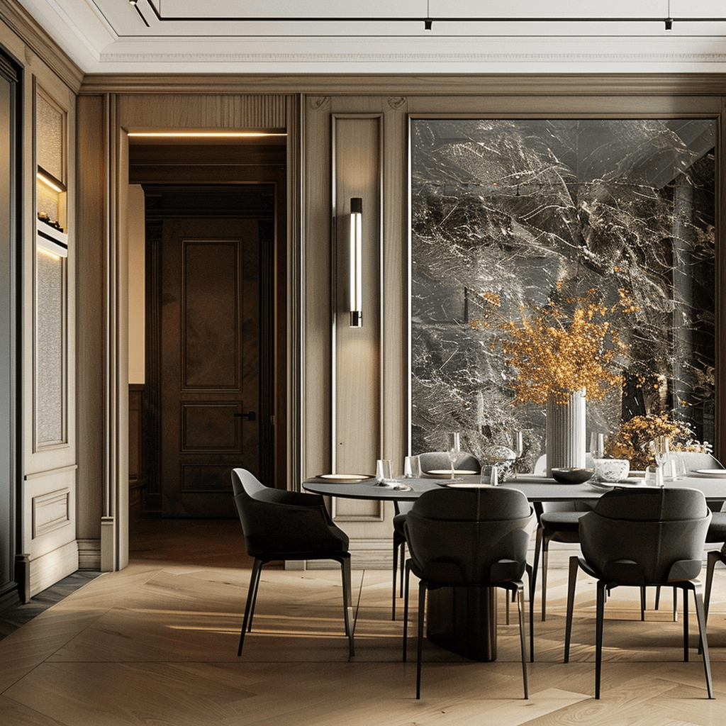 Timeless elegance is achieved in this modern dining room by incorporating historical styles and contemporary updates, reflecting the evolution of dining room design