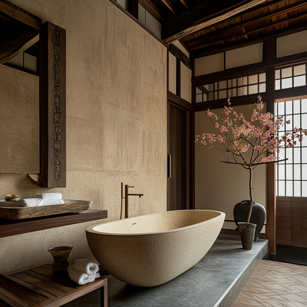 Traditional Japanese bathroom elements combined with modern design in a stylish layout..png