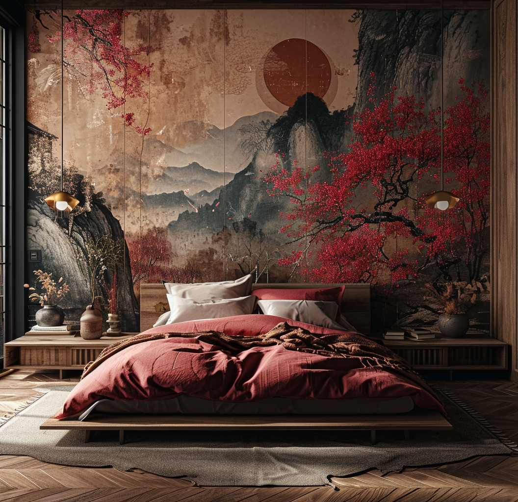 Traditional Japanese bedroom decor with futon and tea ceremony set.