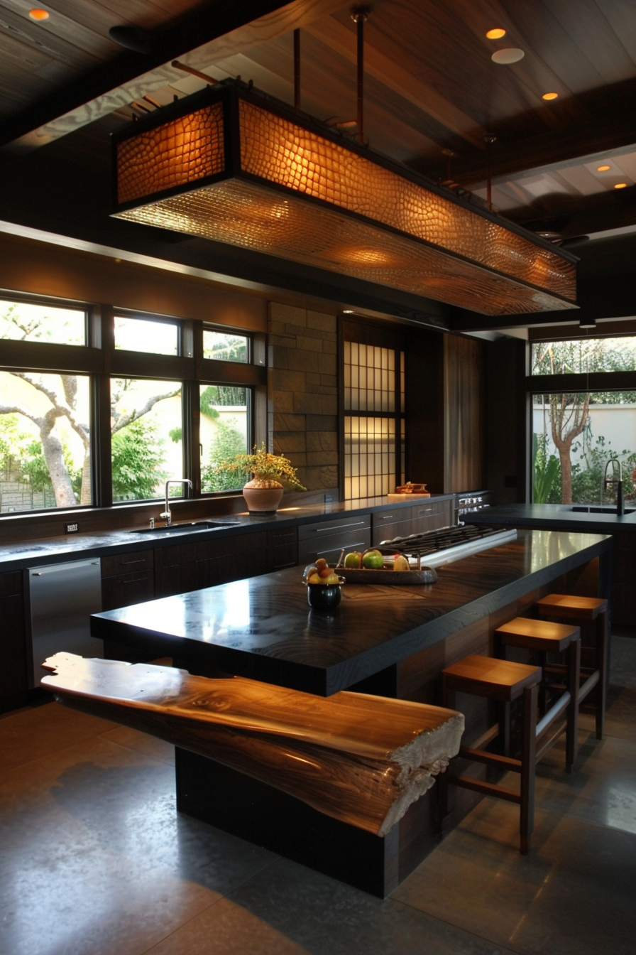 Traditional Japanese kitchen setup with a built-in fish grill and porcelain utensils