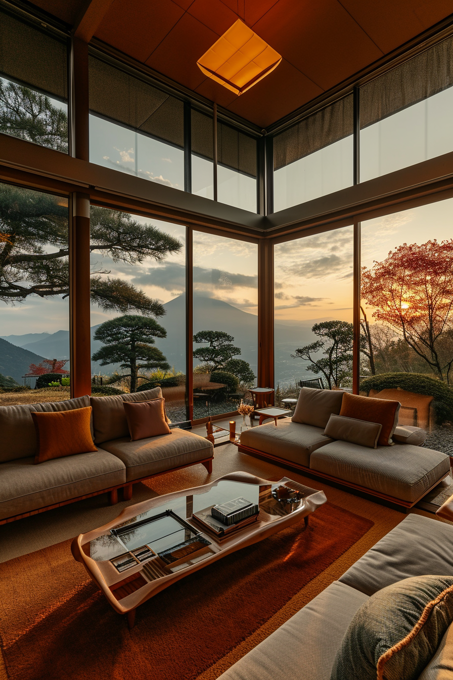 Traditional Japanese living room with tatami mats and a central hibachi grill.