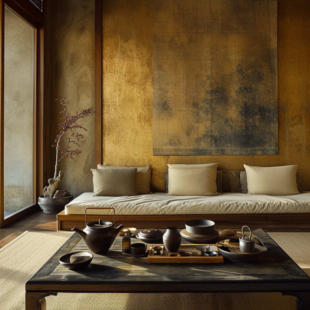 Traditional Japanese living room with tokonoma alcove displaying art.