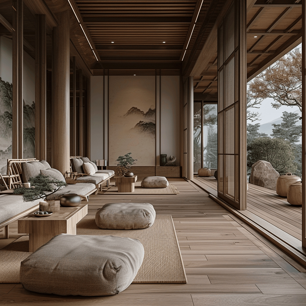 Traditional Japanese shoji screens in a contemporary Japandi living room