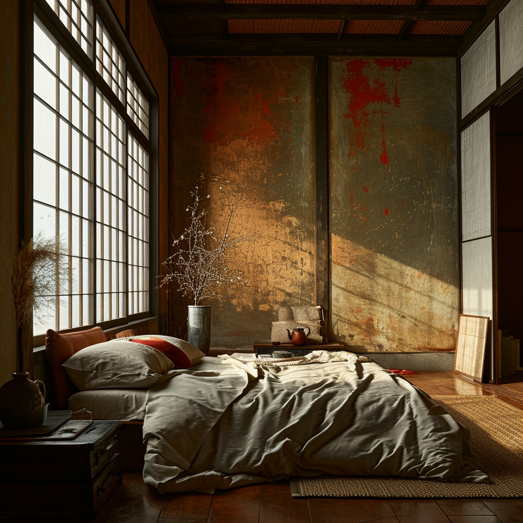 Traditional elements in a Japanese bedroom with tatami and shoji.