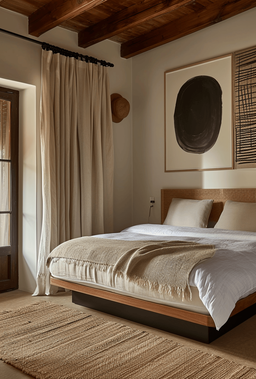 Tranquil Japandi bedroom design showcasing natural materials and light hues