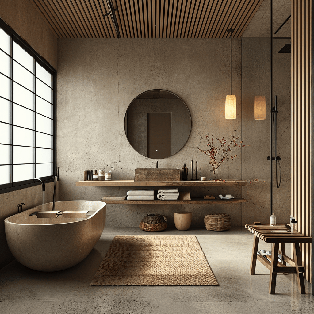 Tranquil Japandi design bathroom featuring a balance of natural materials and chic fixtures