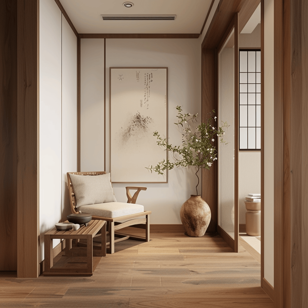 Tranquil Japandi hallway with a focus on clutter free, serene spaces