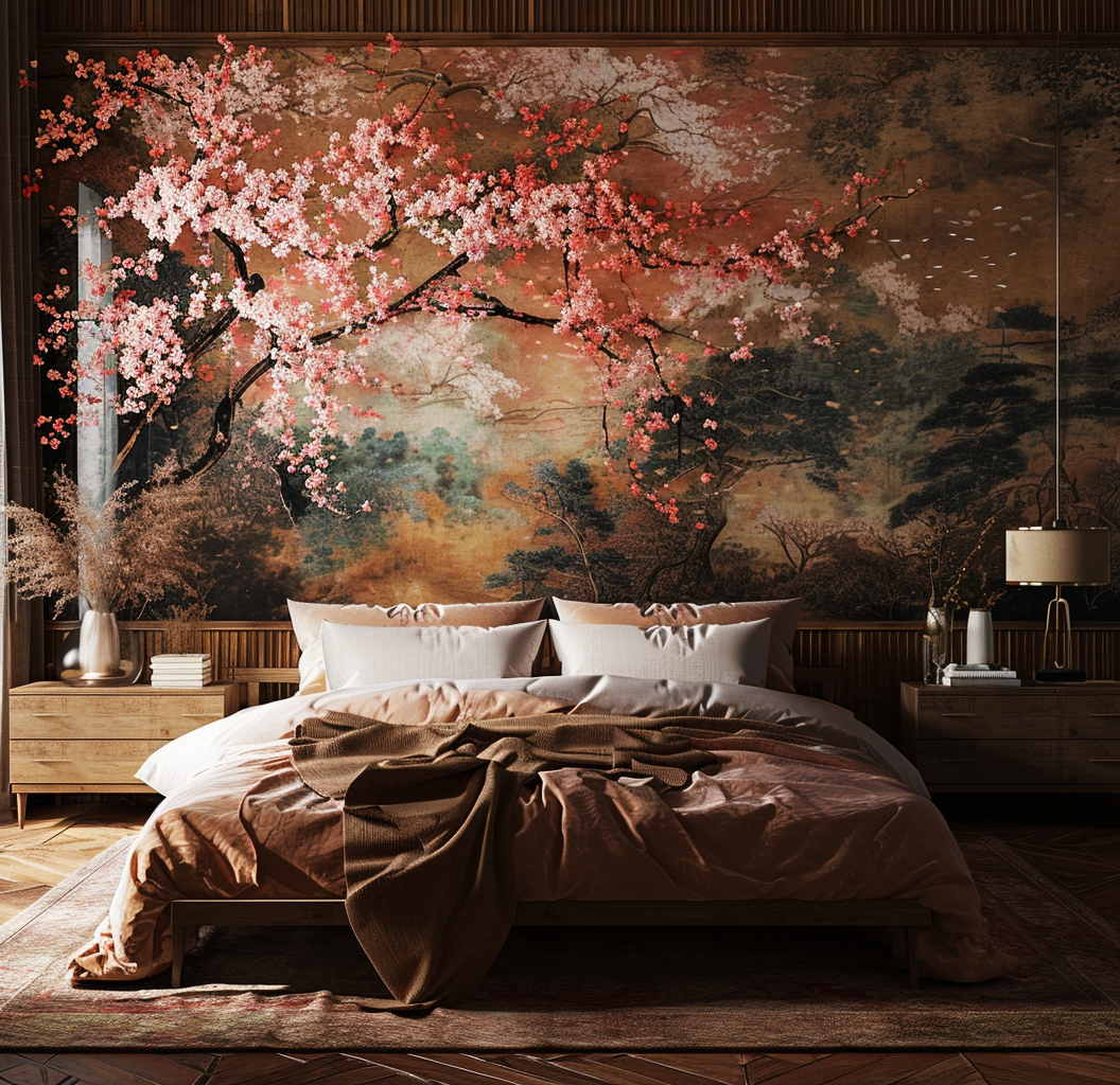 Tranquil Japanese bedroom aesthetic with indoor plants and rice paper lamps.