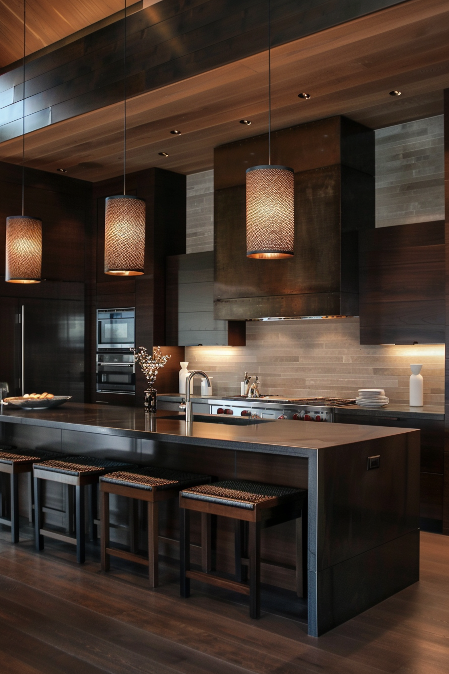 Tranquil Japanese kitchen design incorporating elements of zen with bonsai plants and stone tiles