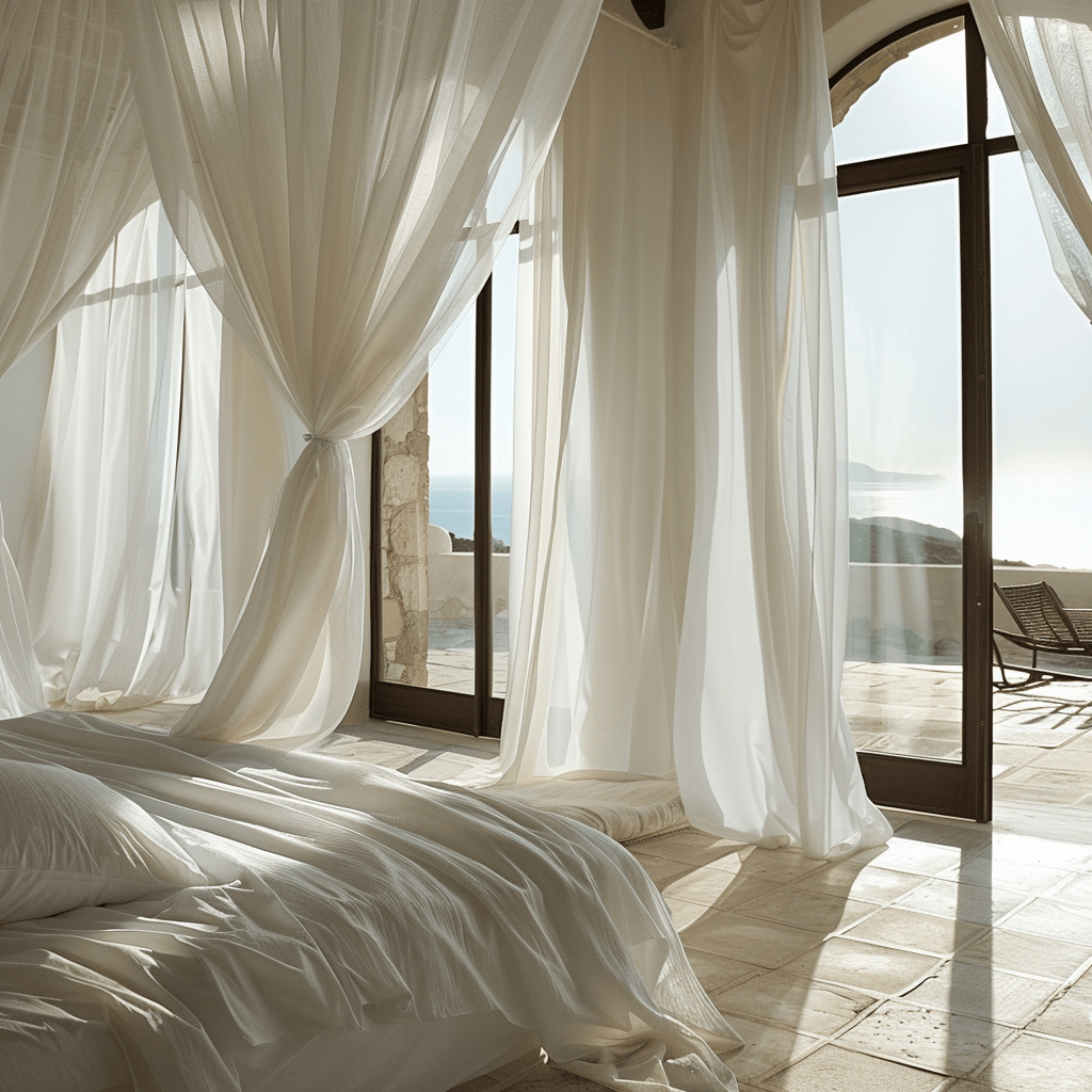 Tranquil Mediterranean bedroom showcasing a harmonious blend of flowing curtains, timeless shutters, and delicate sheers, inviting the gentle breeze and warm sunlight inside