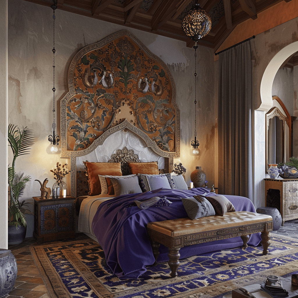 Tranquil Mediterranean bedroom showcasing a symphony of sensory delights, from stunning visuals to luxurious textures and soothing aromas, creating a truly immersive experience