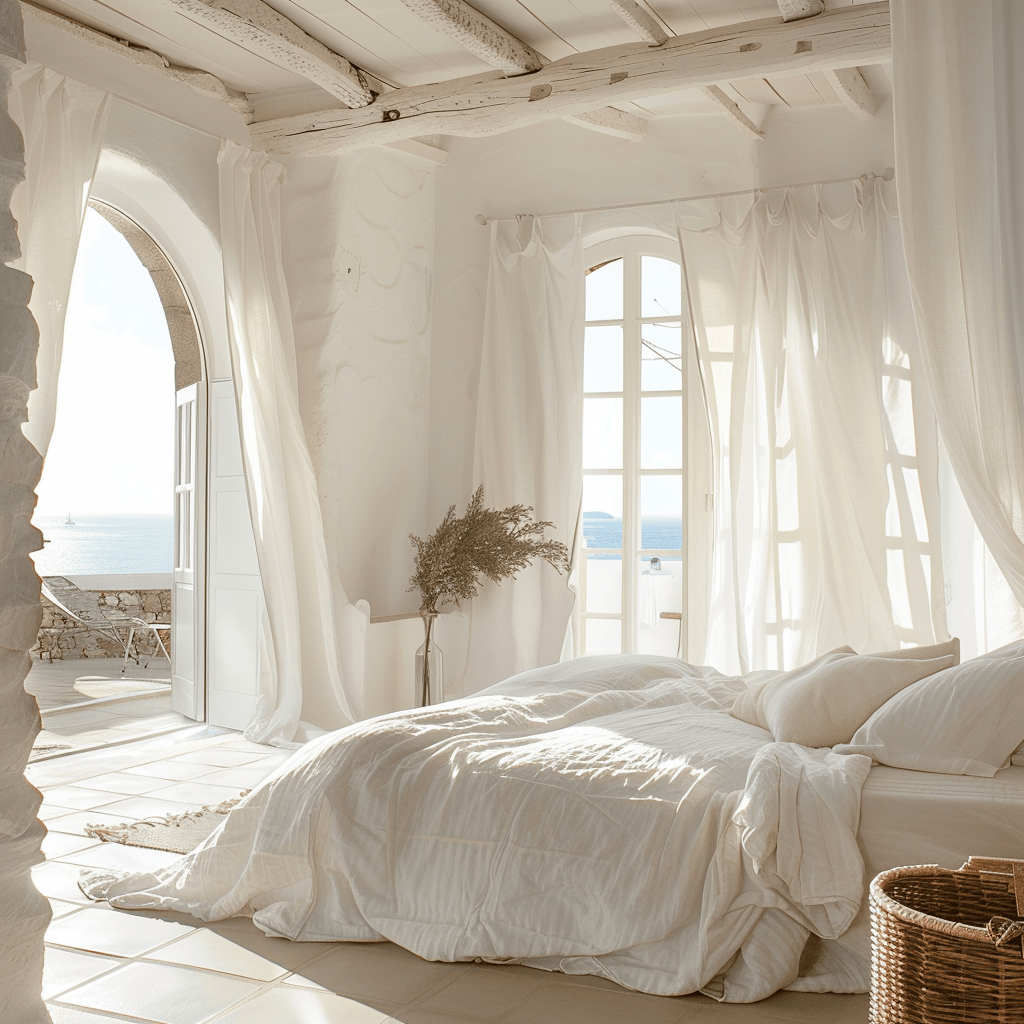 Tranquil Mediterranean bedroom showcasing the power of crisp whites to reflect the brilliant Mediterranean sun, filling the space with a refreshing, luminous glow