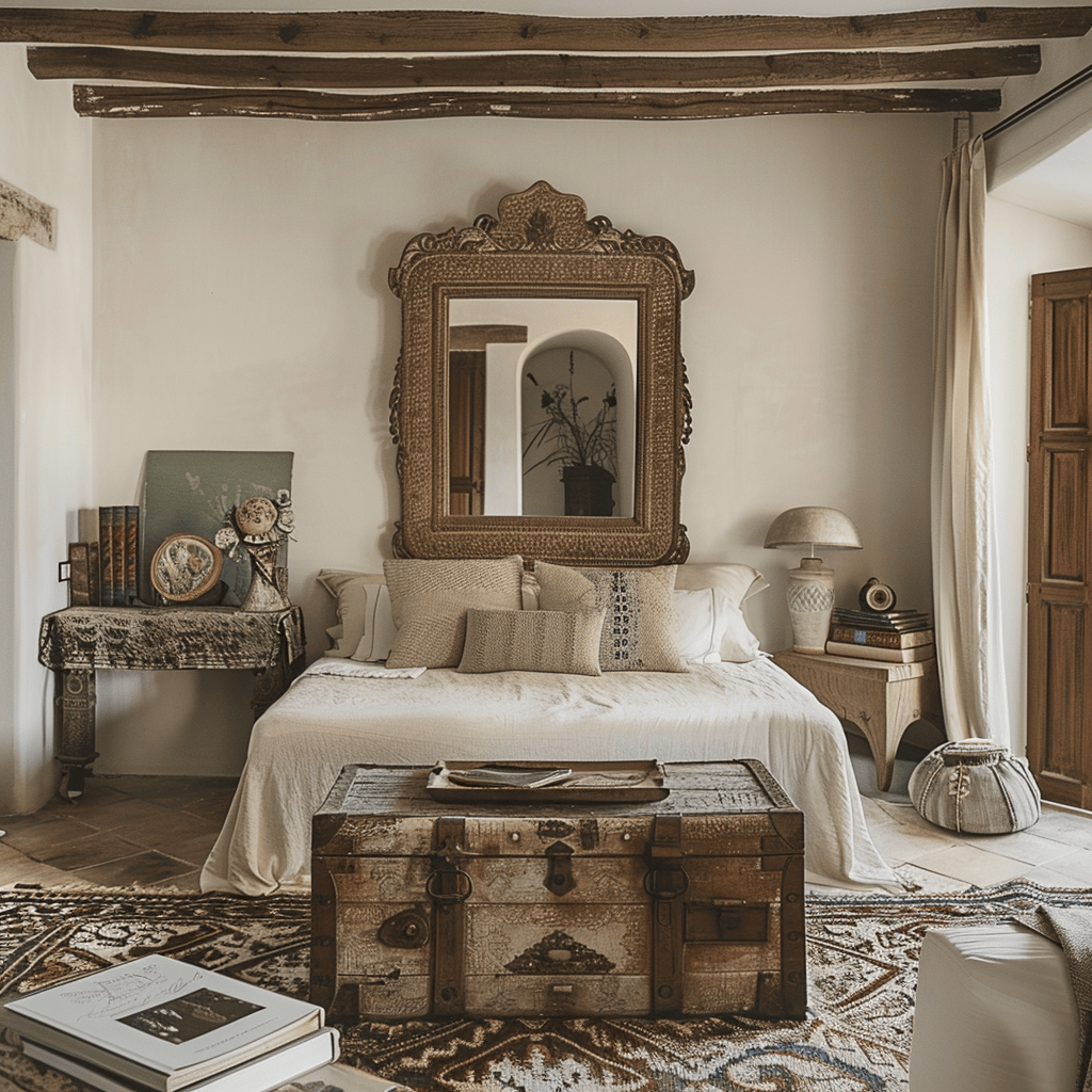 Tranquil Mediterranean bedroom showcasing the power of vintage finds to create a space with depth, personality, and a story to tell, each item contributing to the overall charm