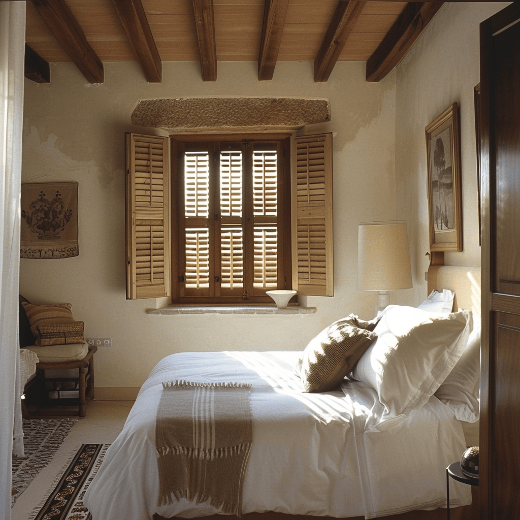 Tranquil Mediterranean bedroom showcasing the timeless beauty of wooden shutters, their adjustable louvers allowing for the perfect balance of light and privacy