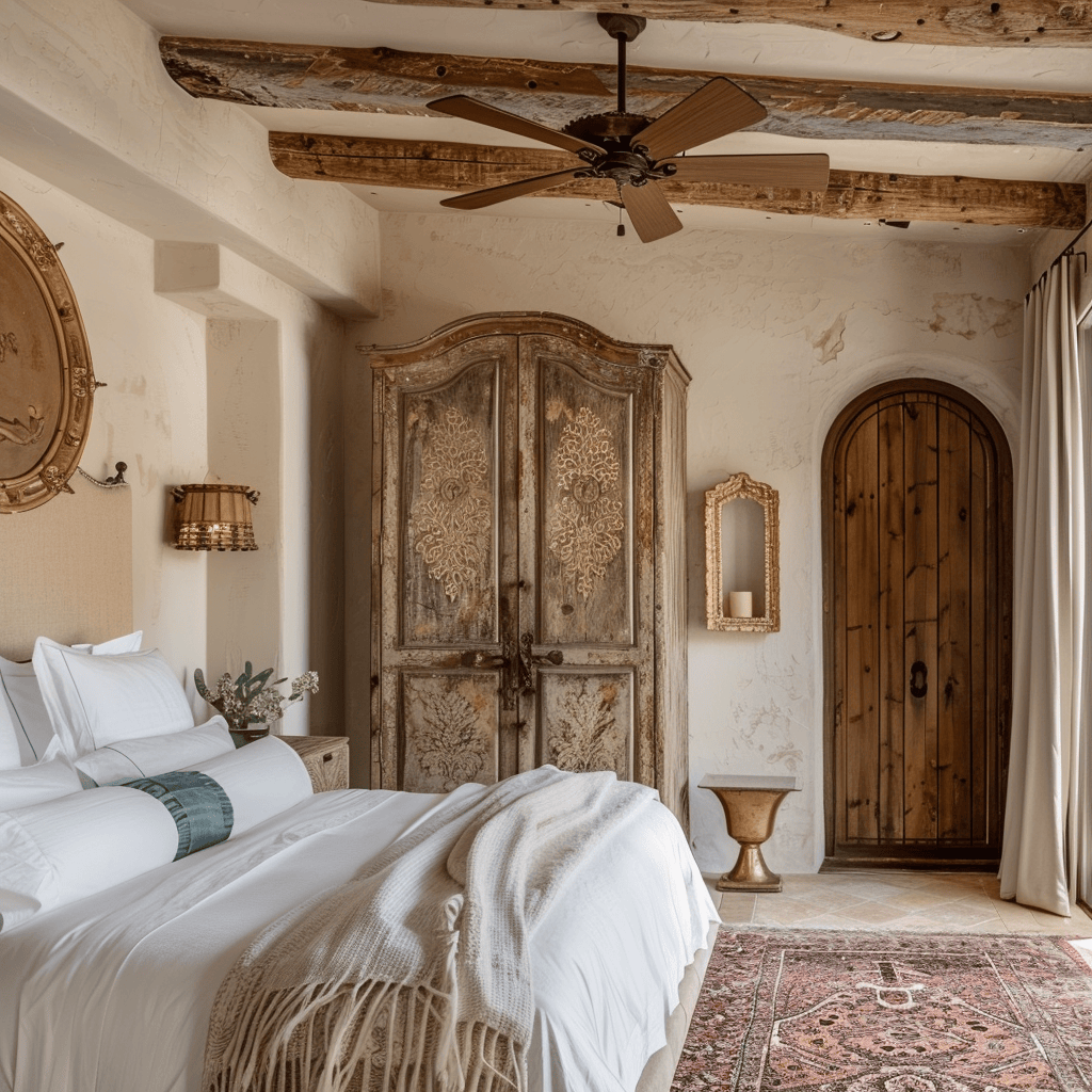 Tranquil Mediterranean bedroom that embodies the essence of timeless elegance and laid-back luxury, with carefully curated elements that evoke a sense of history and relaxation