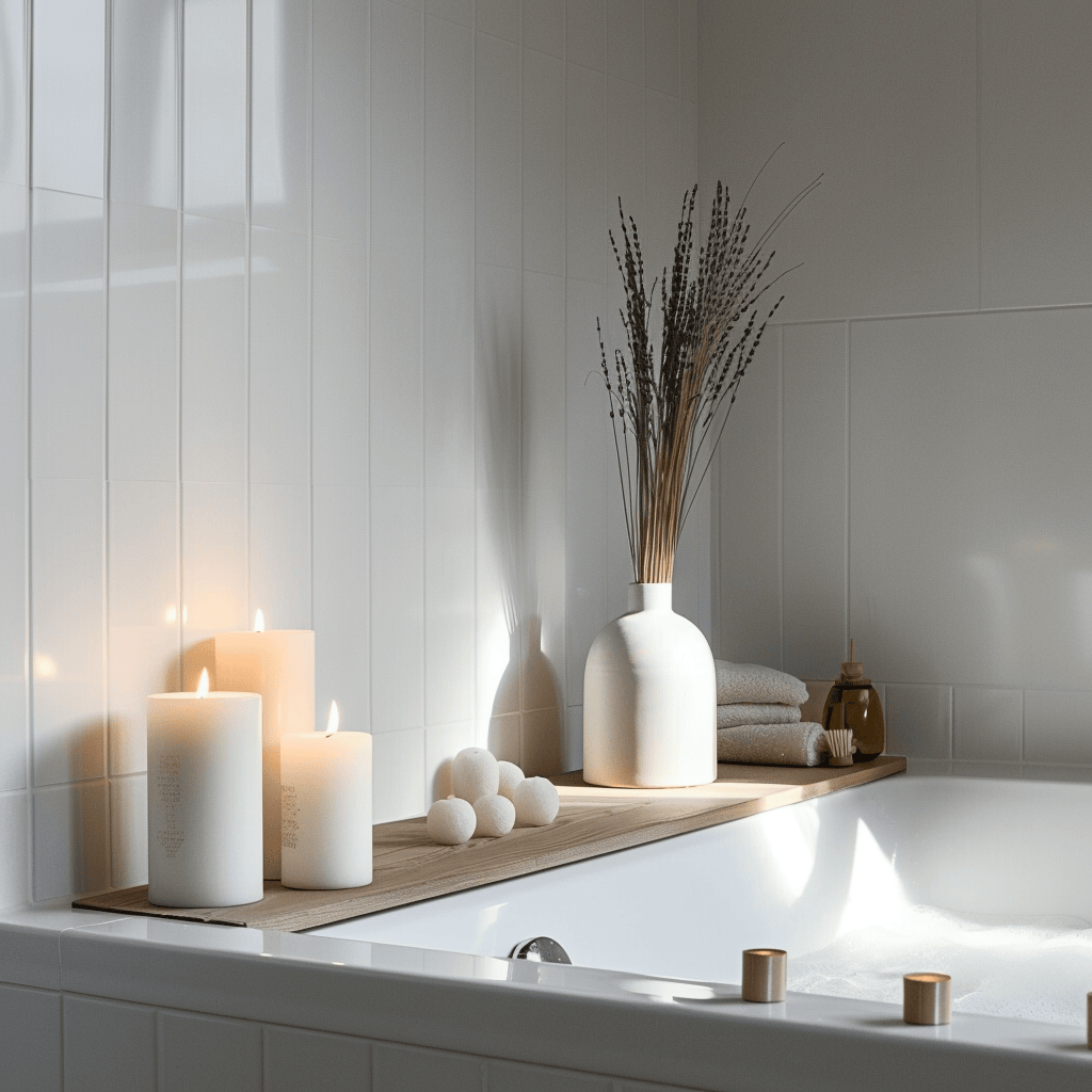 Tranquil Scandinavian bathroom showcasing a subtle scent diffuser and an arrangement of plain white candles